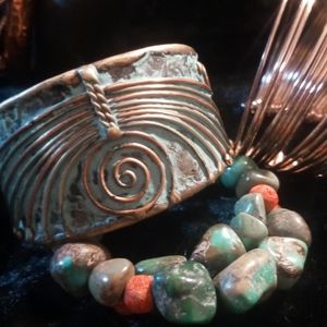 Copper collection 2 cuffs 3 bangles size 8 and a natural stone wrap bracelet.